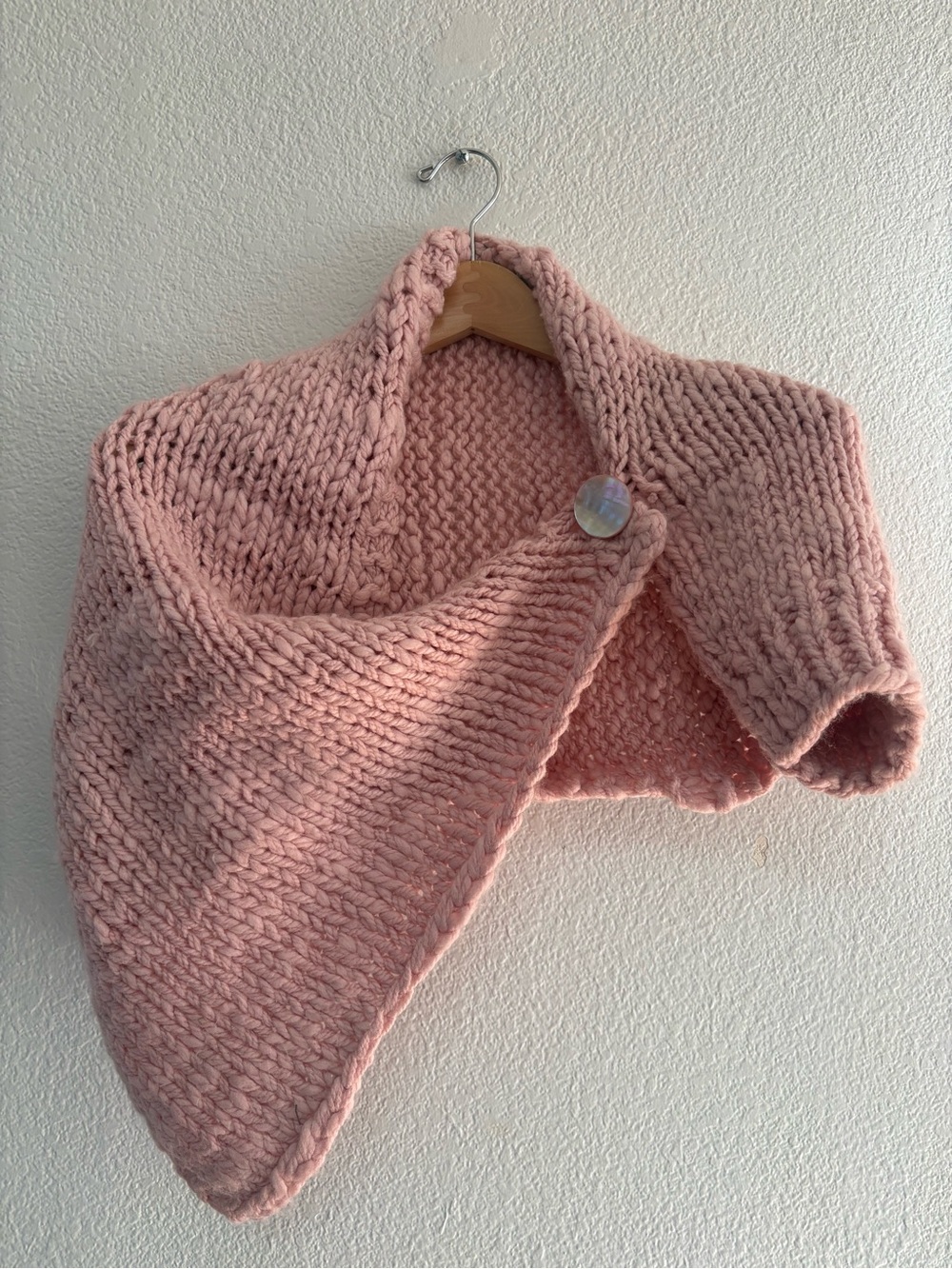 Soft Pink Chunky Knit Shawl Collar Wrap with Button